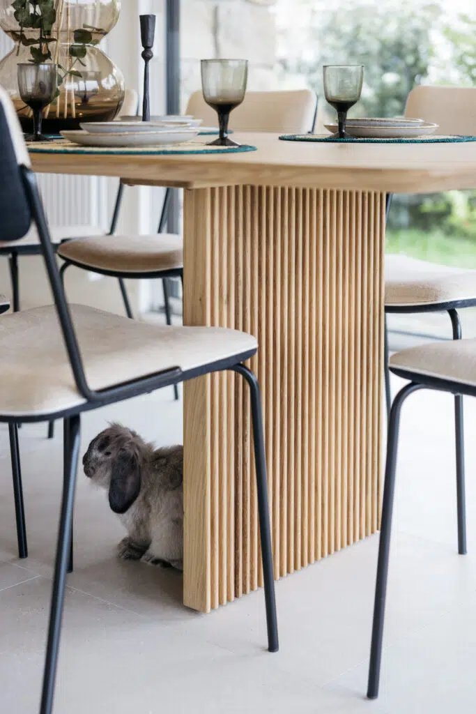 Pied de table en lames de chêne verticales, plateau en bois clair et chaises noires à assise beige, un lapin bélier caché dessous